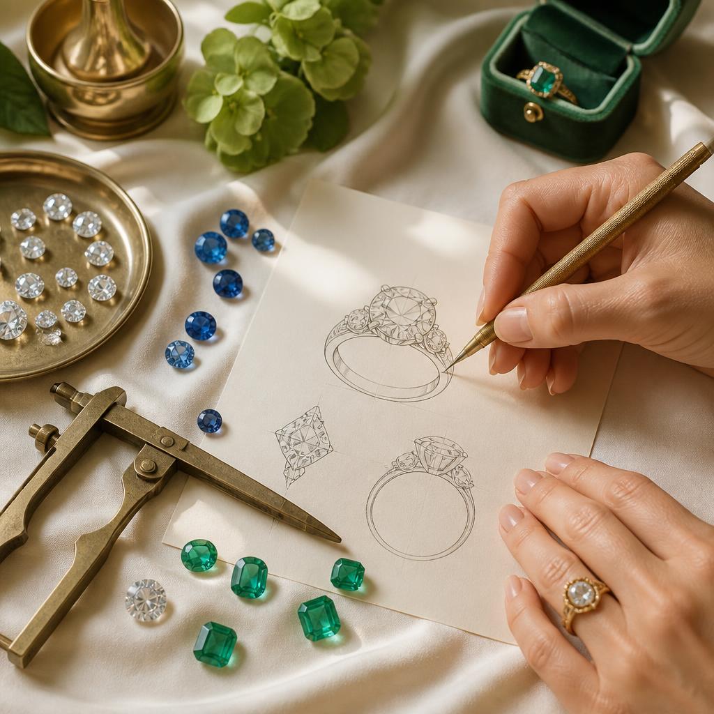 A De Leoni designer sketching a bespoke ring alongside diamonds and coloured gemstones