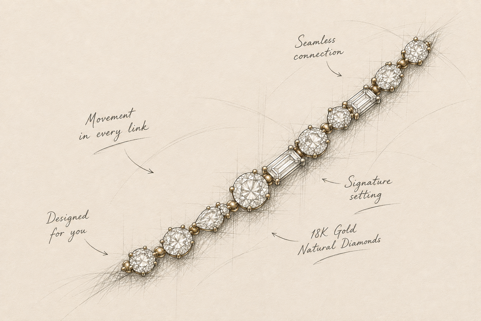 A hand-drawn De Leoni design sketch showing an 18k gold diamond bracelet with signature setting details