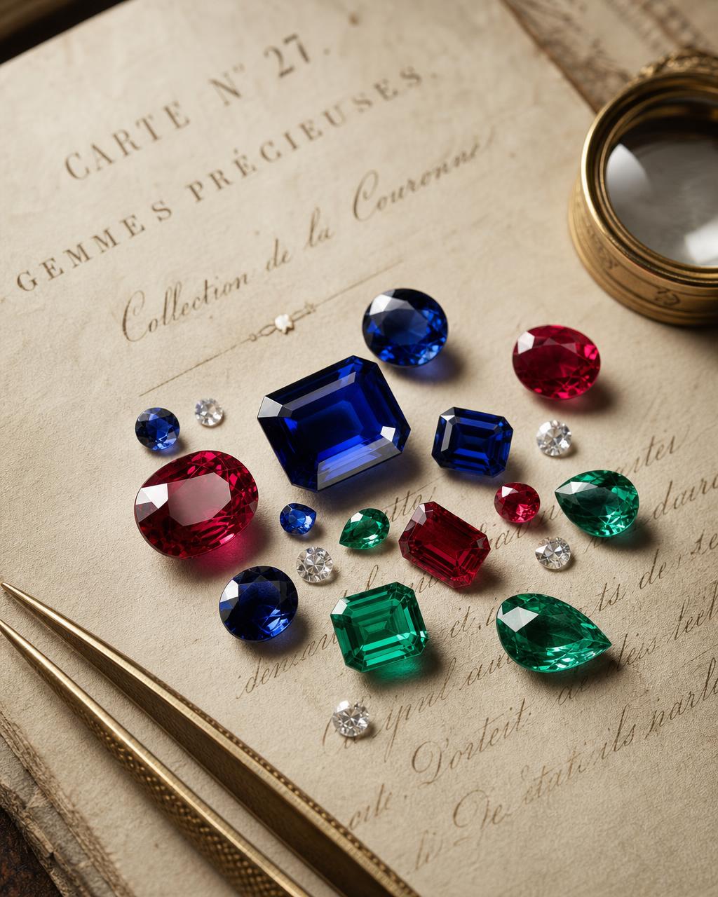 Luxurious sapphires, rubies and emeralds arranged on an antique French gem certificate with gold tweezers and a loupe