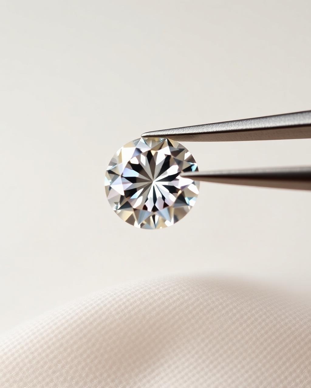 A single lab grown round brilliant diamond held in jewellers tweezers