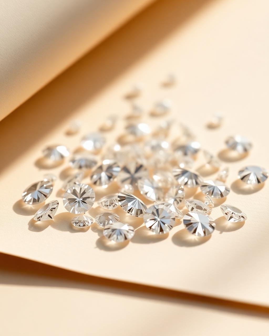 Loose natural brilliant cut white diamonds on ivory paper